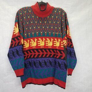 Vintage Michael Carrie Sweater Men's L Mock Neck Aztec Tribal Bird Y2K Colorful